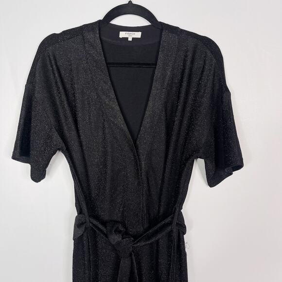 FRNCH Womens Small Black Alex Metallic Jumpsuit Tie Waist Faux Wrap Short Sleeve - Picture 3 of 13